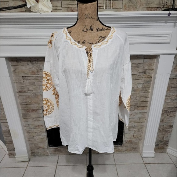 Anthropologie R D & Koko gold embroidered lantern sleeve peasant blouse‎ new!! - Picture 1 of 8